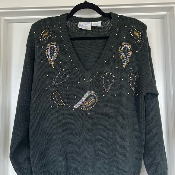 midnight blues Sweaters - Black V-Neck Sweater with Multicolor Sequin Paisley Embellishment vintage